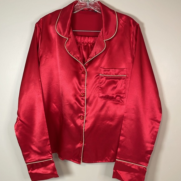 NASTY GAL Women’s Red/Gold 2 Piece Sz 10 Long Sleeve Satin Pajama Short Set - Picture 1 of 8